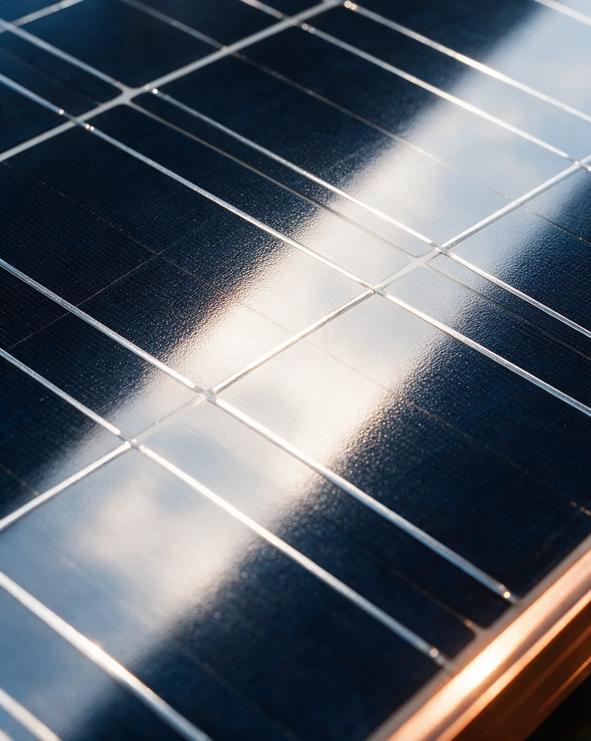 Macro photograph of a monocrystalline solar module surface showing fine silver busbars and a copper-toned frame edge.